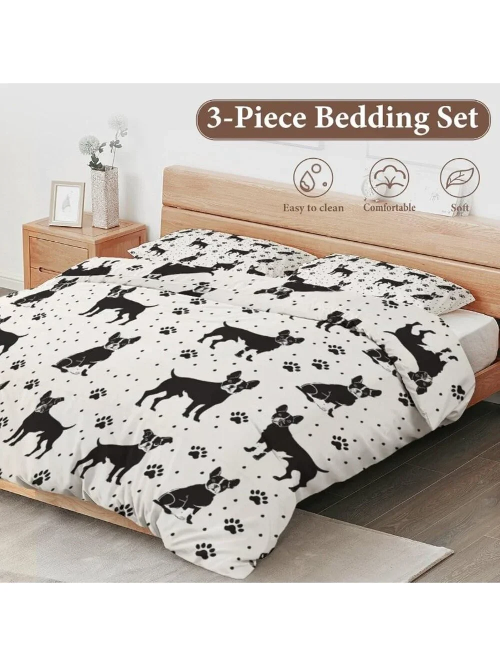 Cozy Boston Terrier Dog Queen Comforter Set - 3-Piece Soft Microfiber Bedding